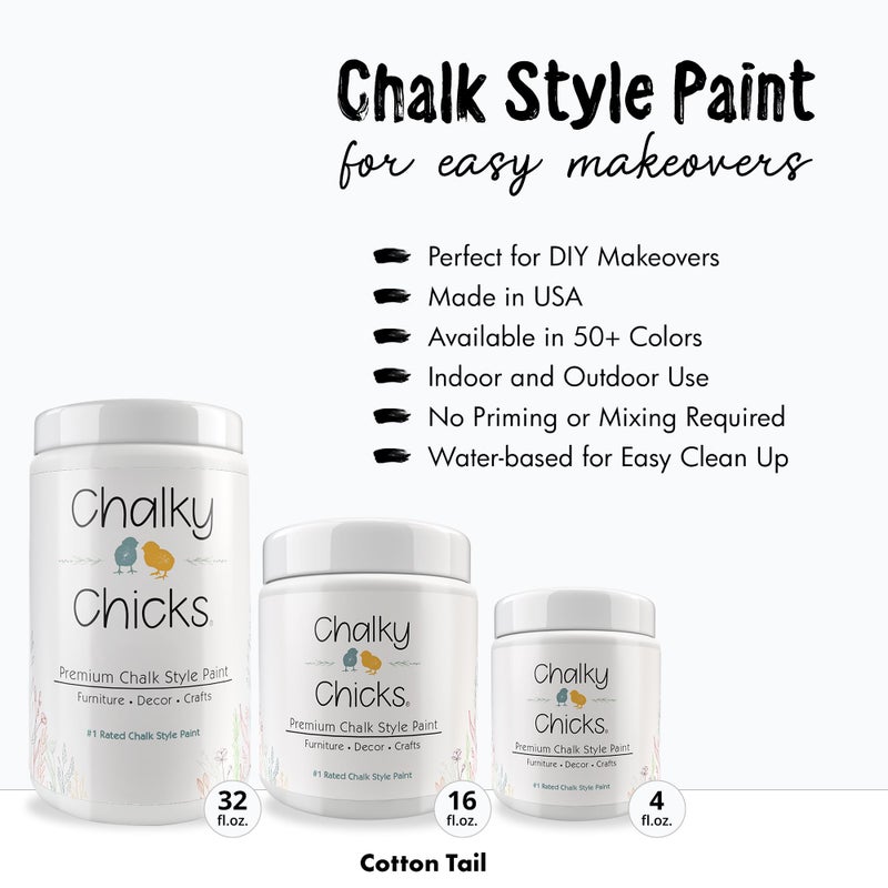 Chalky Chicks دهان الطباشير الشامل للدجاج - 32 أونصة سائلة - لون قطن ذيل الأرنب غير اللامع للأثاث المعدني والخشبي - لا حاجة للصنفرة - شامل لتزيين المنزل والحرف اليدوية، صنع في الولايات المتحدة - Image 2